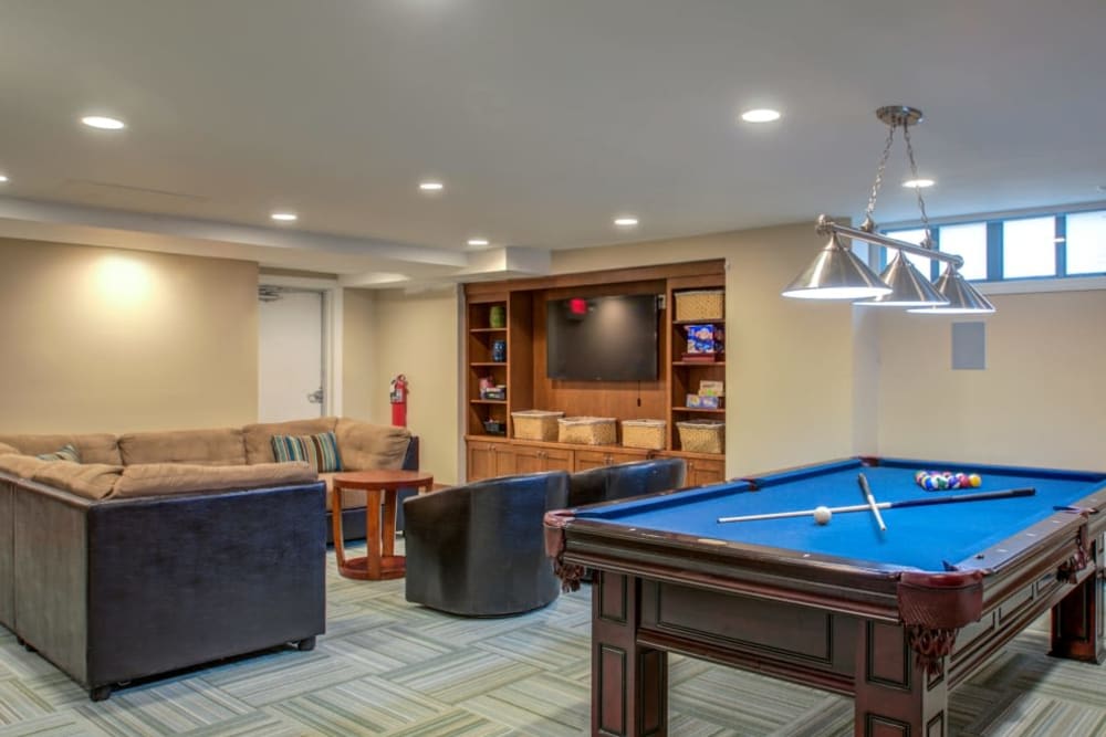 Game room with pool table at Chilton Towers in Elizabeth, New Jersey