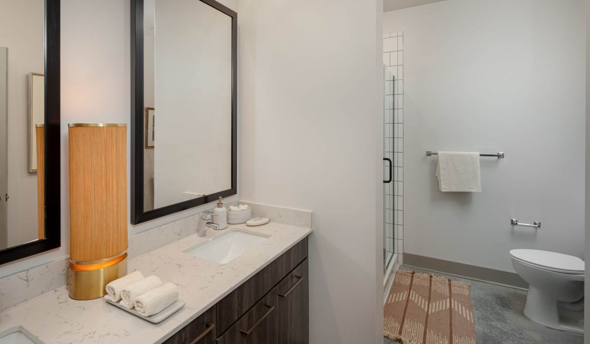 Modern finishes in an apartment bathroom at Venable Durham Apartments in Durham, North Carolina