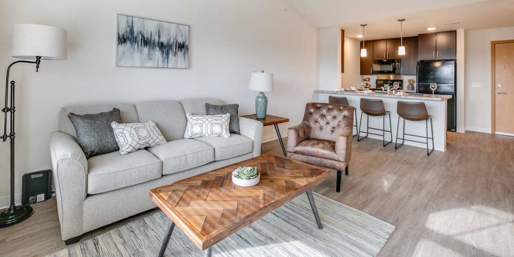 Spacious living room with a comfortable couch and a coffee table at Whitetail Ridge in Salem, Wisconsin   