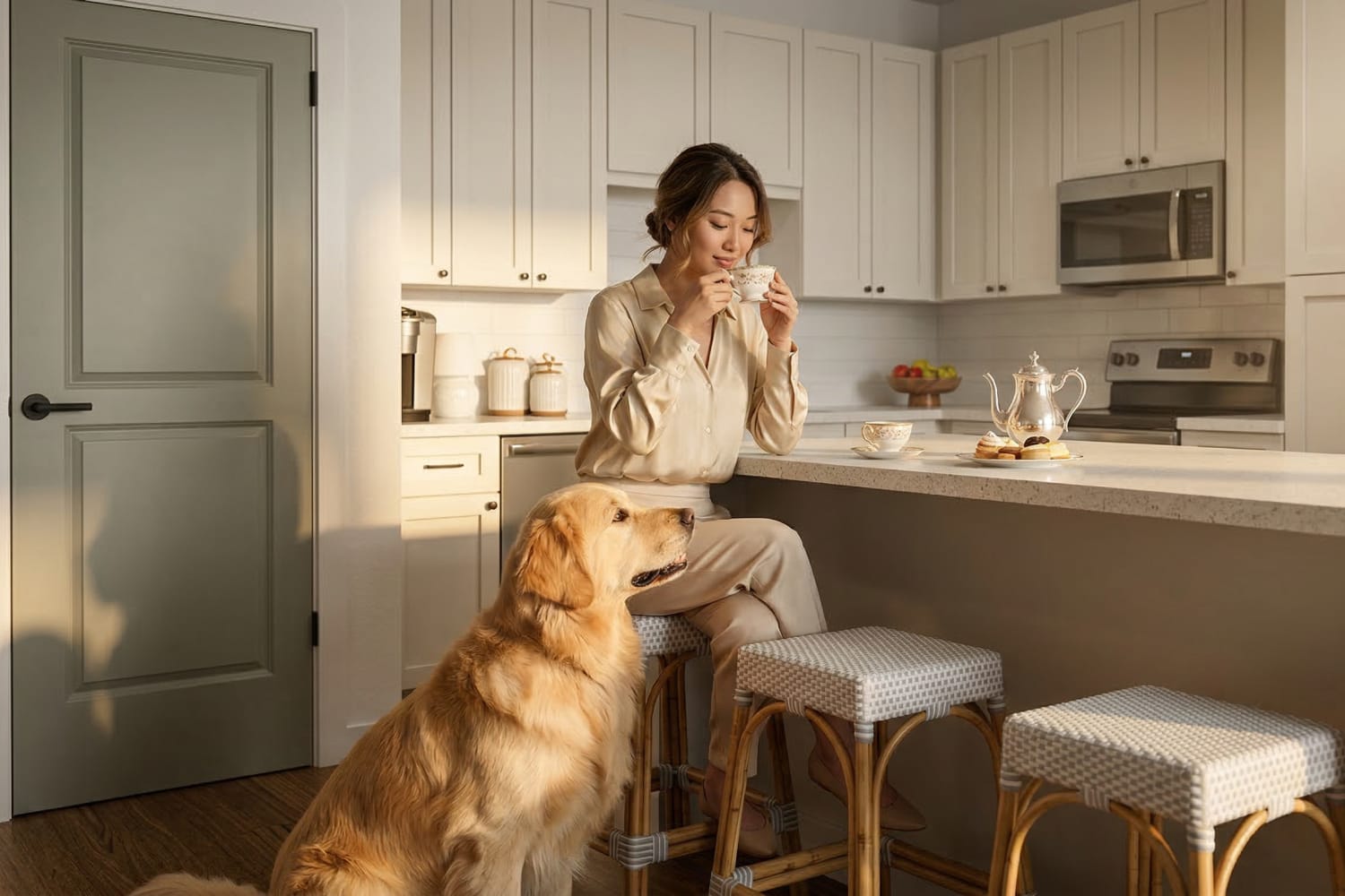 Resident having coffee in her kitchen and a golden retriever beside her at Pomona Apartments in Ocala, Florida