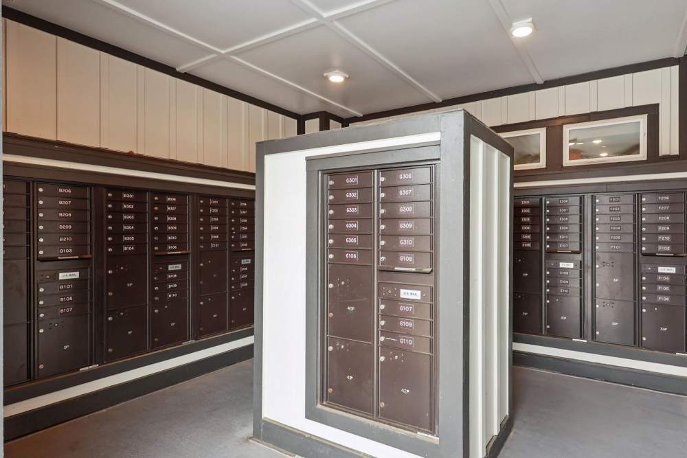 A mail room at Flats at Mount Zion in Stockbridge, Georgia