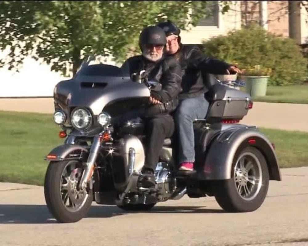 Resident Connie rides a Harley for her dare to dream event at Arbor View in Burlington, Wisconsin.