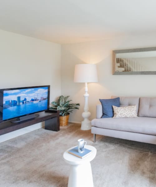 Cozy living room with plush sofa, modern TV, and stylish lamp on a side table at Dutch Village Apartments in Baltimore, Maryland