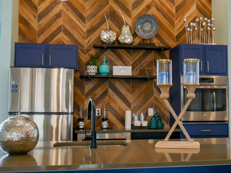 Upscale kitchen in the resident lounge at Biltmore at the Park in Pflugerville, Texas