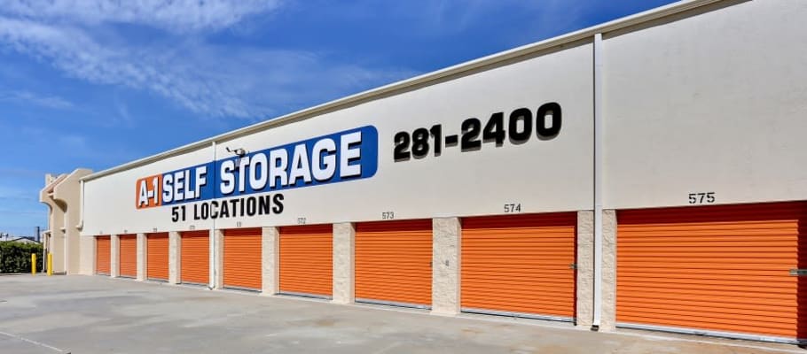 A row of outdoor, easy-access storage units in San Diego, California at A-1 Self Storage