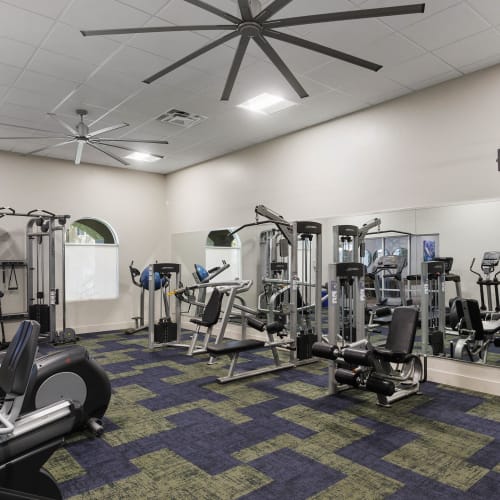 Full fitness center for residents to workout in at Crestone at Shadow Mountain in Phoenix, Arizona