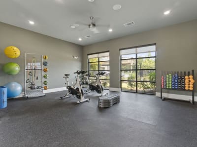 Pilates and yoga studio with stationary bikes at Auberge of Tyler in Tyler, Texas