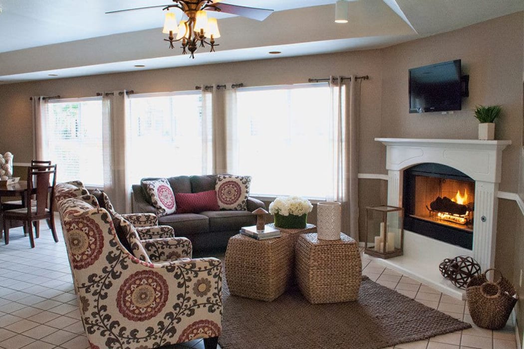 A few couches by a fire at The Phoenix Apartments in El Paso, Texas
