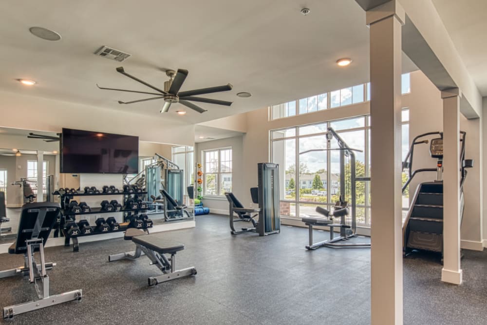 A modern community gym with treadmills at Marina Villa in Norfolk, Virginia