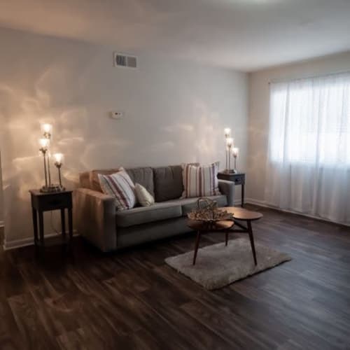 Wood-style flooring in an apartment living room at Amber Grove Apartments in Marietta, Georgia