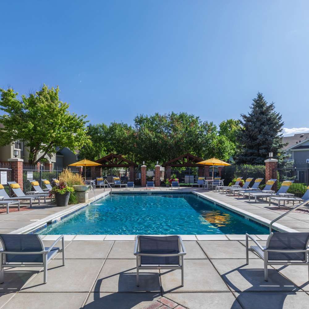 Swimming pool with lounge chairs at The Dakota at Governors Ranch in Littleton,Colorado