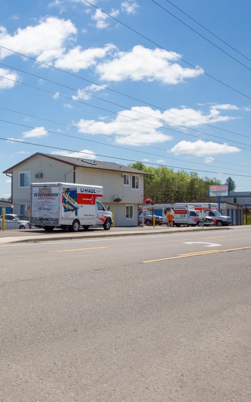 U-Haul trucks parked at Battle Ground Mini Storage in Battle Ground, Washington