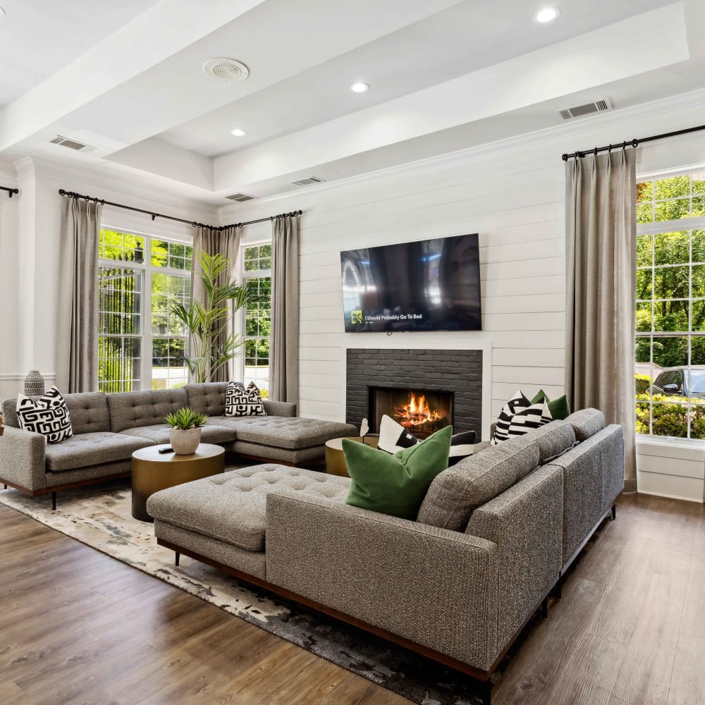 Fireplace lounge in the clubroom at Hawthorne Gates in Atlanta, Georgia