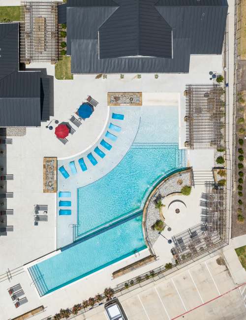 Aerial view of our swimming pool at The Trails at Summer Creek in Fort Worth, Texas