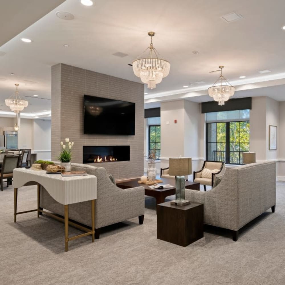 Welcoming lobby seating with fireplace at Anthology of Tuckahoe in Henrico, Virginia
