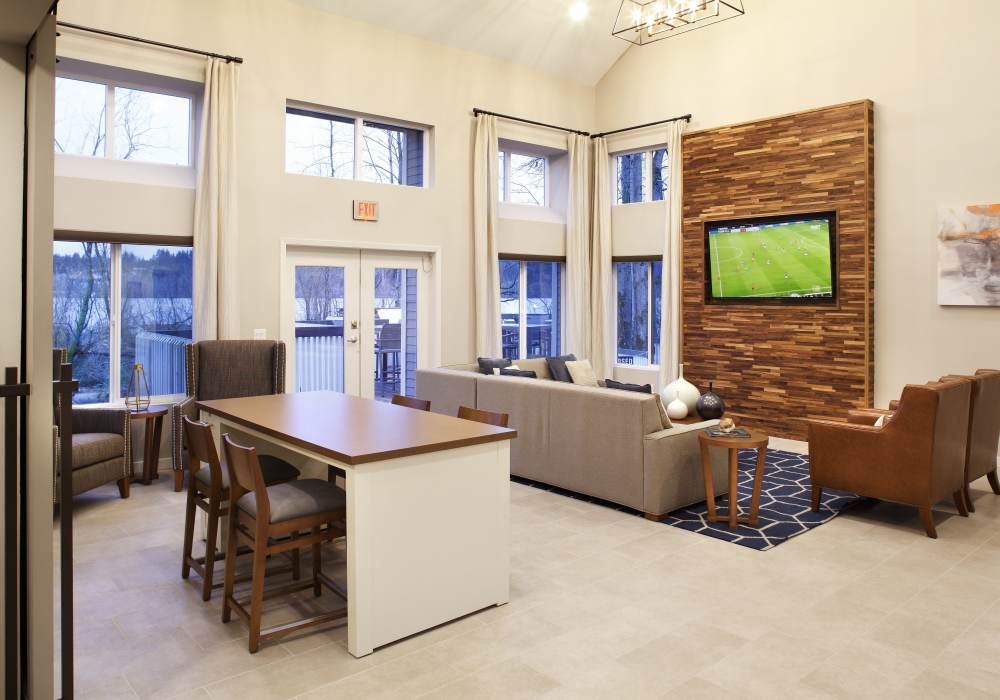 Seating in clubhouse at The Docks at Redmond Lakeview in Redmond, Washington