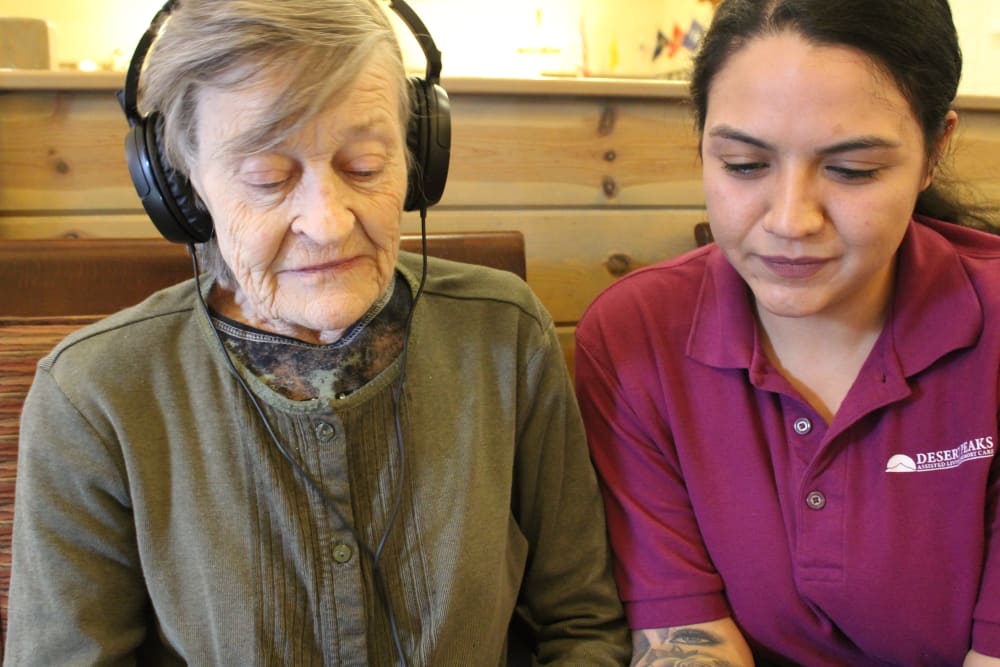 A resident and caregiver at Desert Peaks Assisted Living and Memory Care in Las Cruces, New Mexico. 