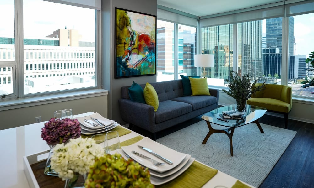 Bright, spacious living area with a view at Two Twelve Clayton in Clayton, Missouri