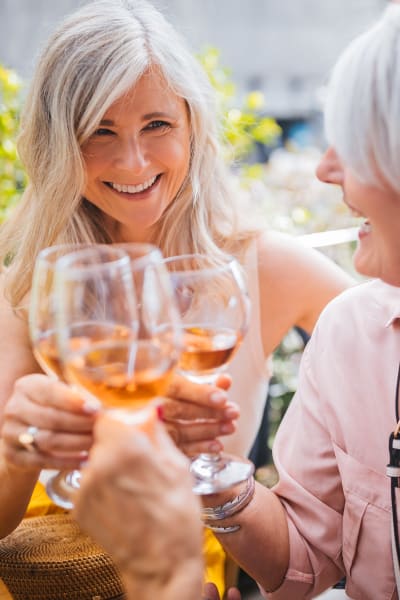 Residents toasting glasses of wine at Quail Park at Browns Point in Tacoma, Washington