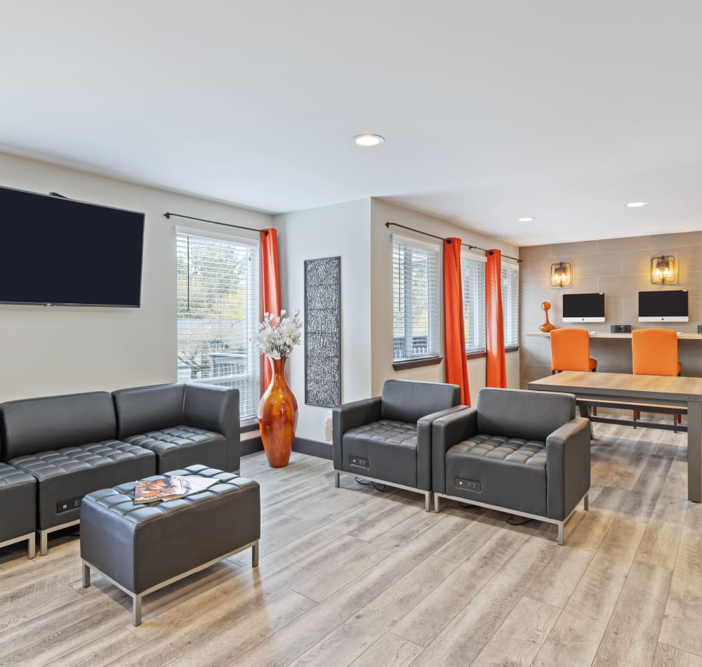 Large community room and computer lounge at Haven Apartment Homes in Kent, Washington