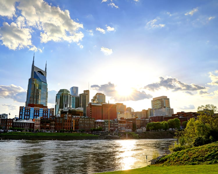 Gorgeous view of downtown from across the river near Audubon Park in Nashville, Tennessee