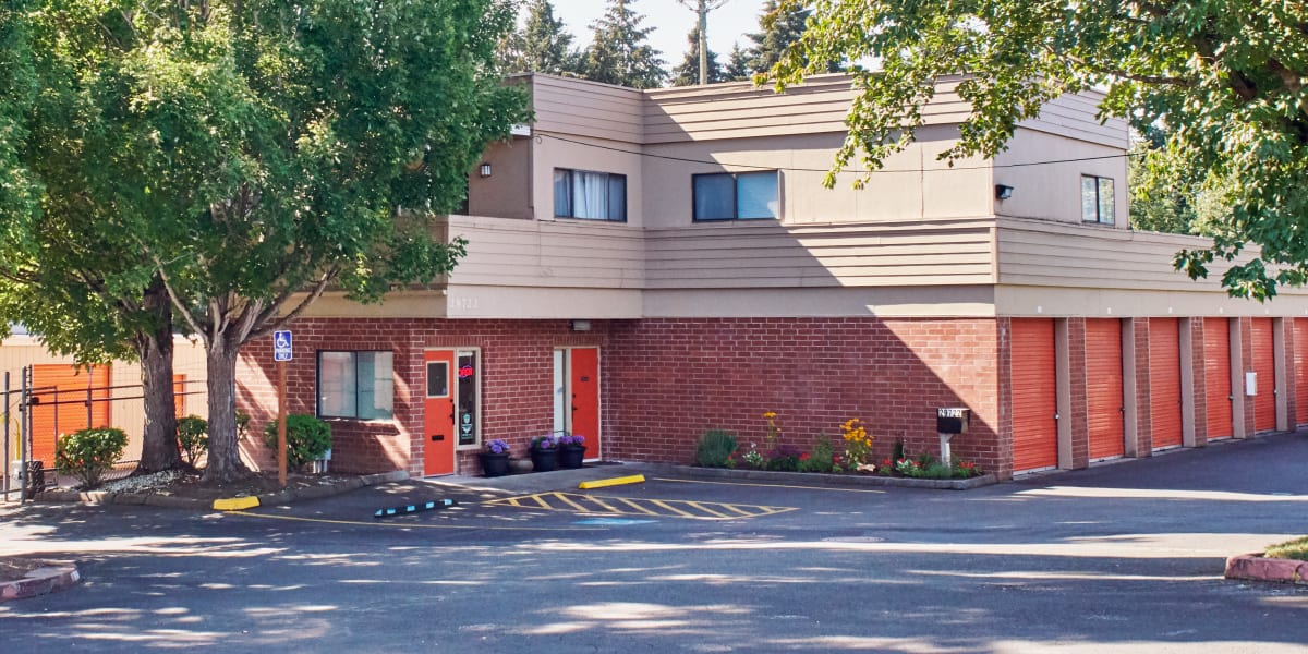 Orange doors on storage units at I-5 Mini Storage in Wilsonville, Oregon