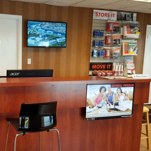Boxes and moving supplies available in the leasing office at StorQuest Self Storage in Tampa, Florida