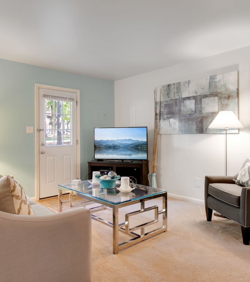 Living room with front entrance and big screen tv at Chelsea at Lee Hall in Newport News, Virginia