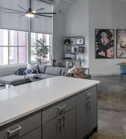 Modern open layout with stylish decor at American Can Apartments in New Orleans, Louisiana