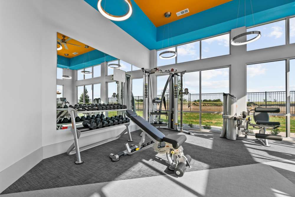 Strength training equipment in fitness center at The Summit at Walnut Creek in Alvarado, Texas
