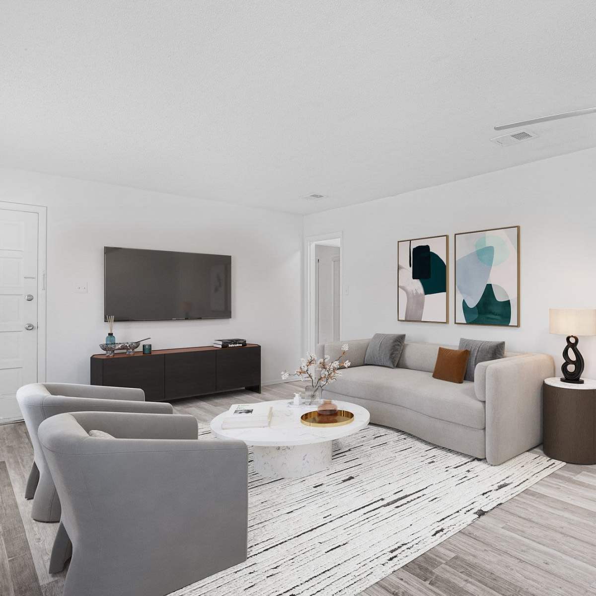 Living room with modern furnishings at Crescent Place in Savannah, Georgia 