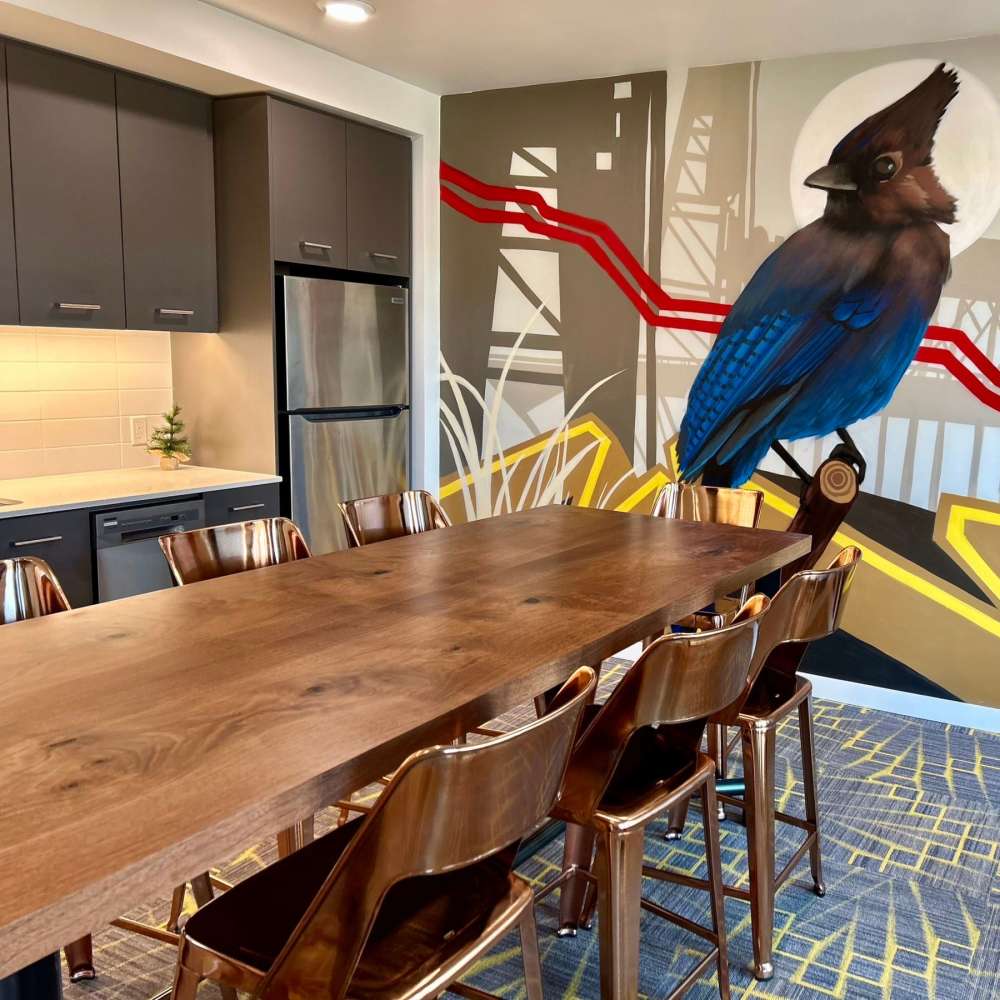 Dining table in the resident lounge at DOCK 59 in Portland, Oregon
