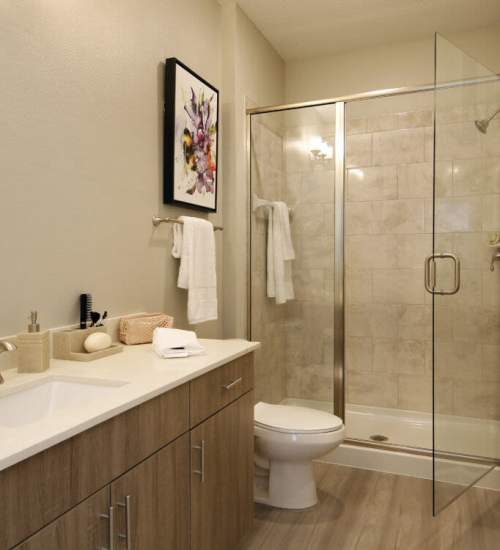Modern bathroom with glass shower and stylish wood cabinetry at Messina Luxury Apartments in New Smyrna Beach, Florida