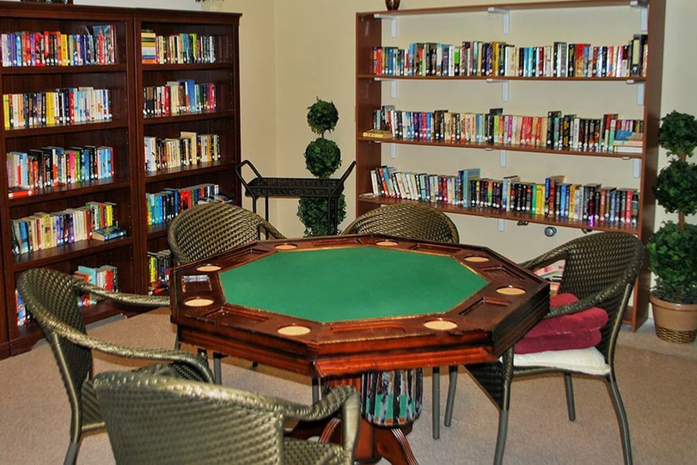 Spacious library at Roseville Commons Senior Living in Roseville, California