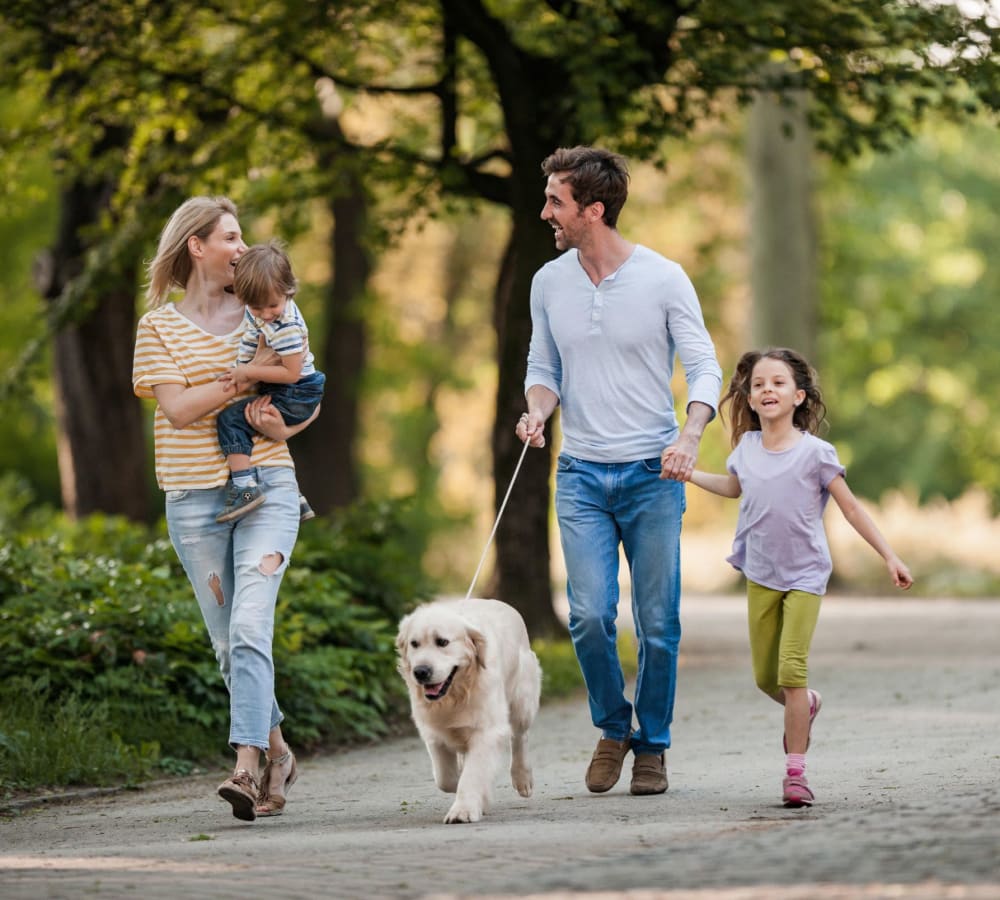 Family walking their dog through a park in Stockbridge, Georgia near 900 Dwell
