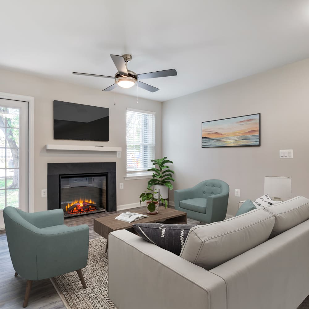 Living room with fireplace at Chase Heritage in Sterling, Virginia