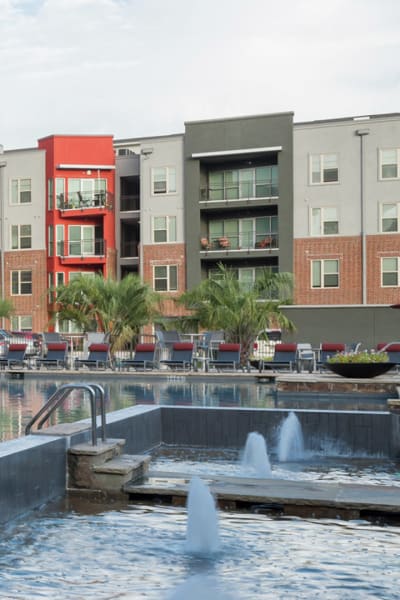 Poolside fountains at Anatole at the Pines in Conroe, Texas