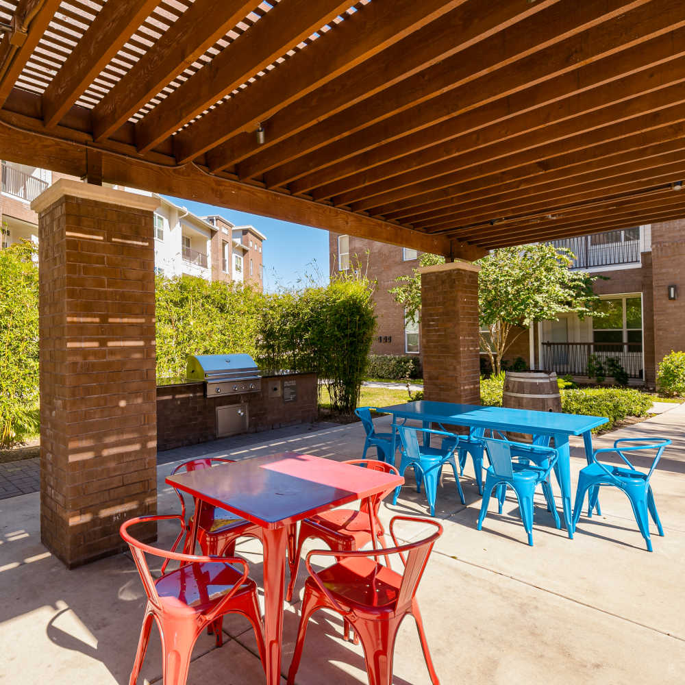 Community outdoor seating at NOVU New Forest in Houston, Texas
