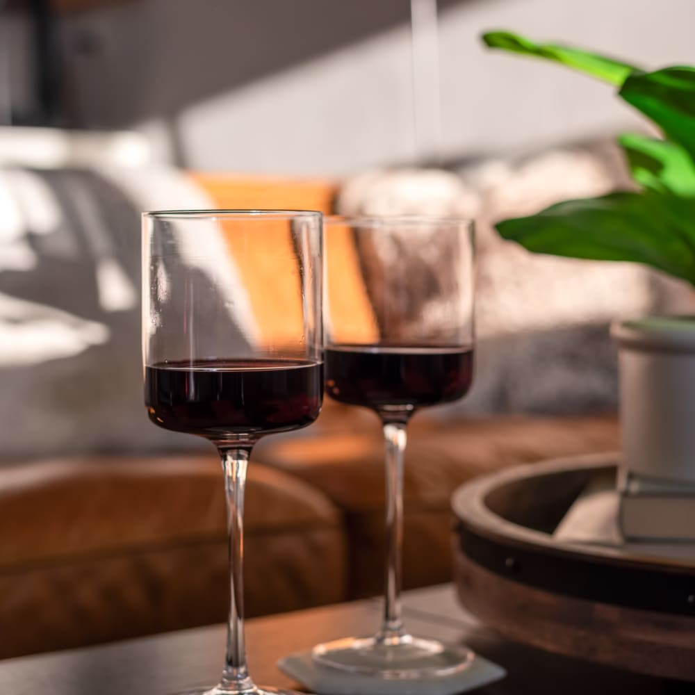 Glasses of wine in apartment at Capri Creek Apartments in Petaluma, California