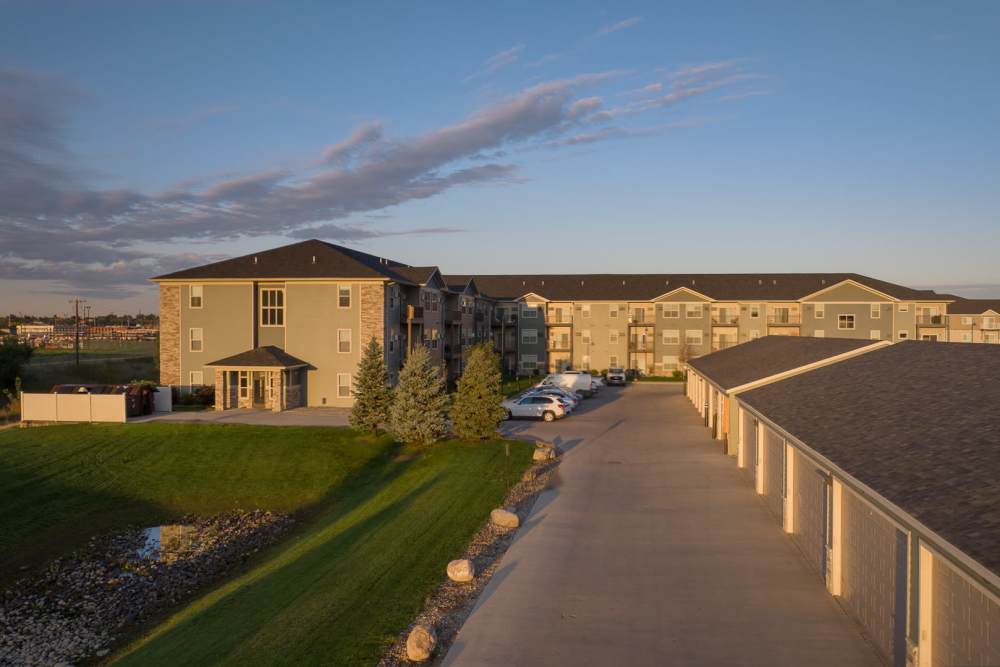 View of the community and garages at University Commons in Williston, North Dakota