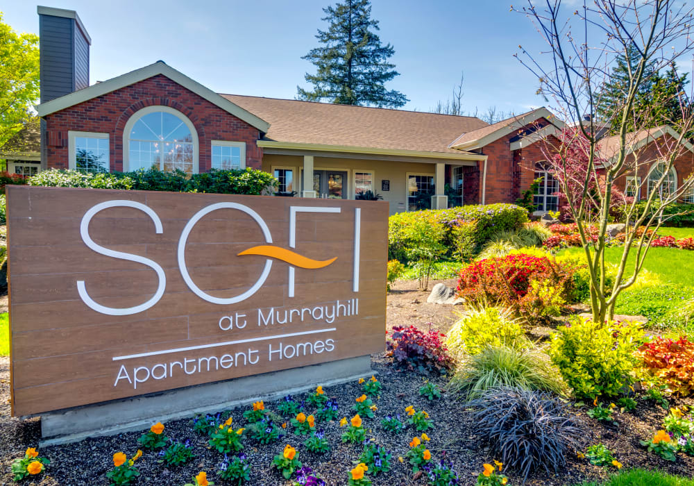 Our monument sign surrounded by professionally maintained landscaping at Sofi at Murrayhill in Beaverton, Oregon