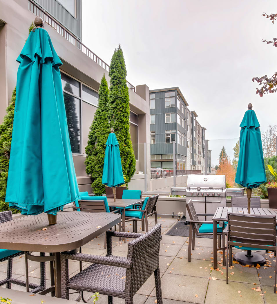 Barbecue area with gas grills at Verse Seattle in Seattle, Washington