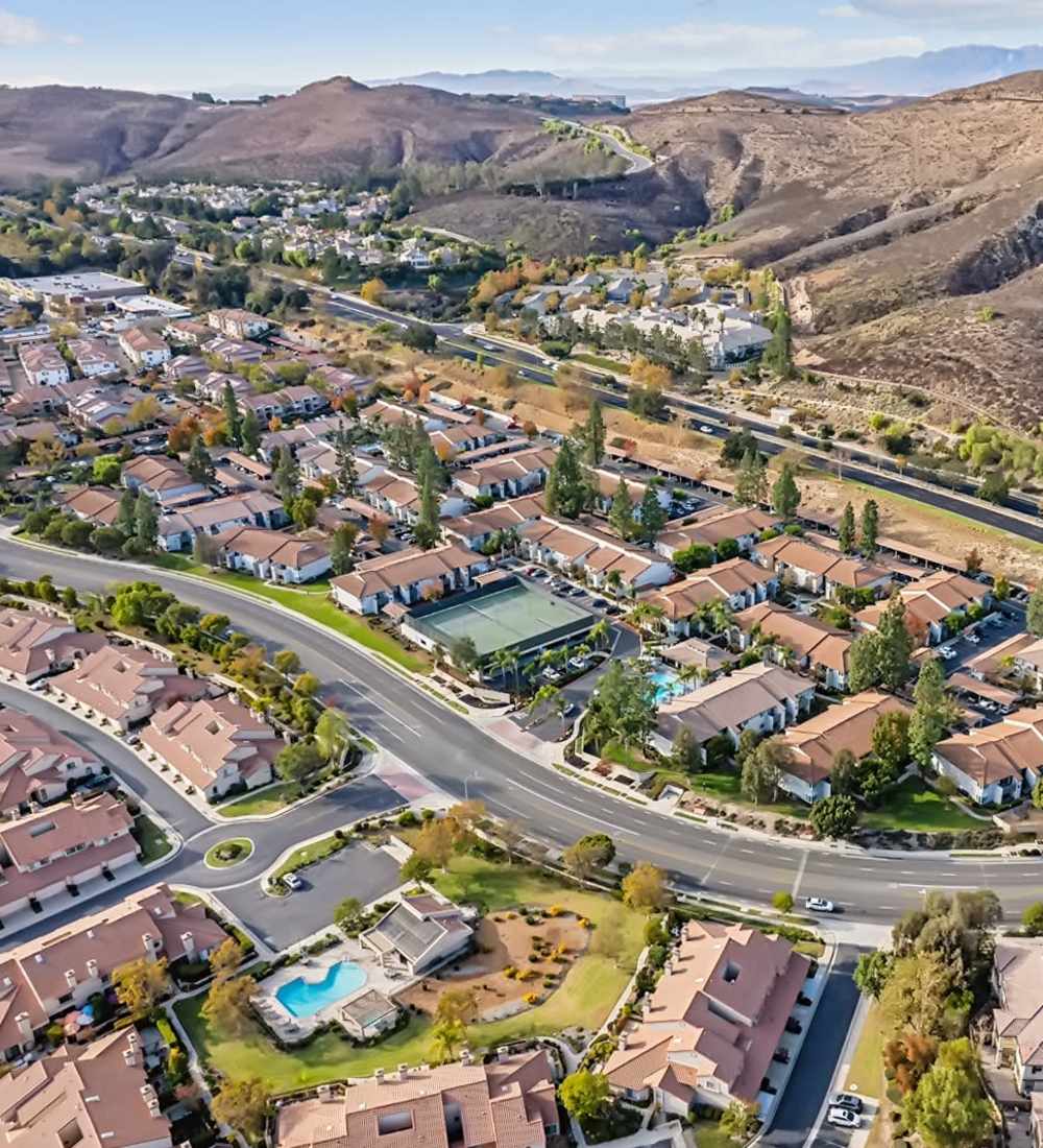 Overhead shot of the beautiful apartment community at Sofi at Wood Ranch in Simi Valley, California