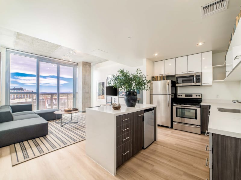 Model living room with hardwood floors at The Pacific and Malibu in Tucson, Arizona