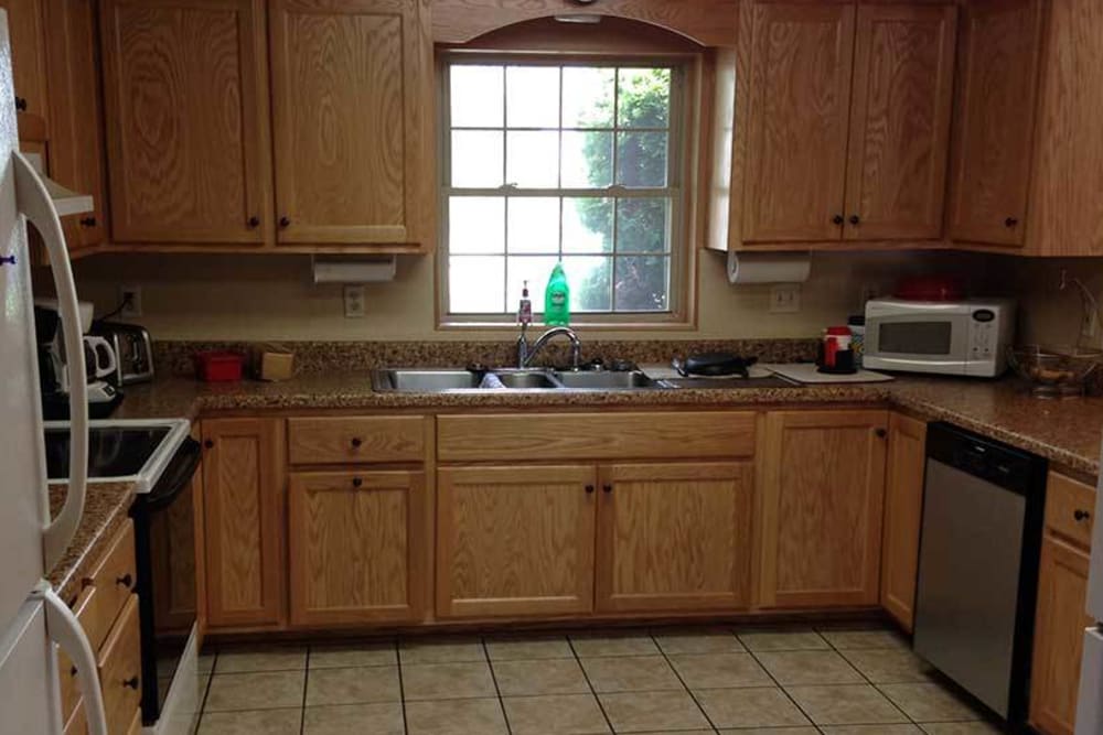 A kitchen in a resident apartment at Wyndemere Memory Care in Green Bay, Wisconsin. 