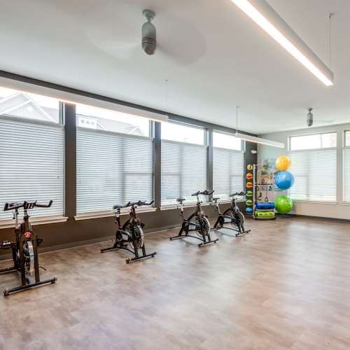 Well-equipped fitness center at Flats At 540 in Apex, North Carolina