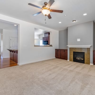 A fireplace in an apartment living room at Meriwether Landing in Joint Base Lewis McChord, Washington