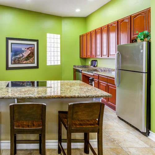 The kitchen in the resident clubhouse at Orleck Heights in San Diego, California