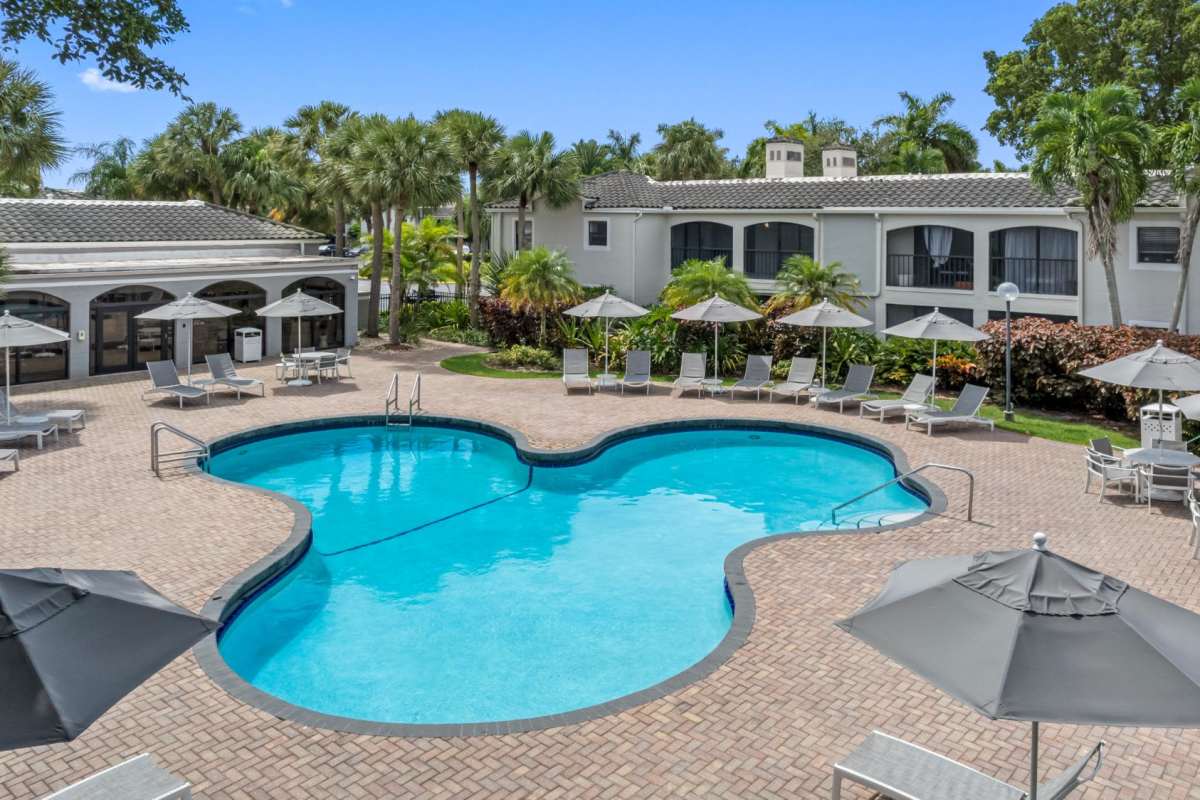 Swimming pool with lounge chairs at Stella Boca Raton Apartments, Boca Raton, Florida