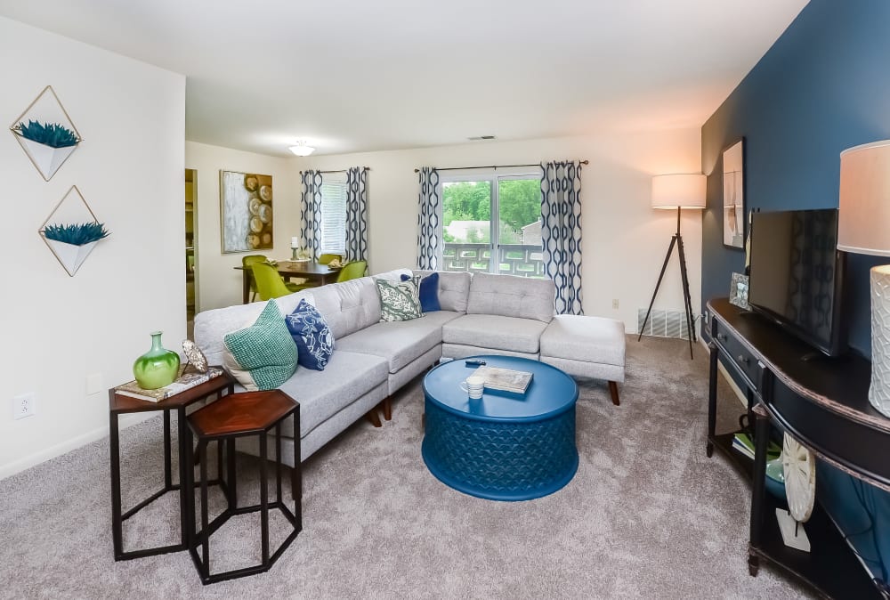 Cozy model living room at Marchwood Apartment Homes